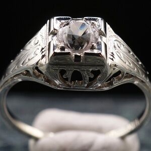 Art Deco Engagement Ring Belaise 18k Gold Filigree Wheat Leaf White Sapphire